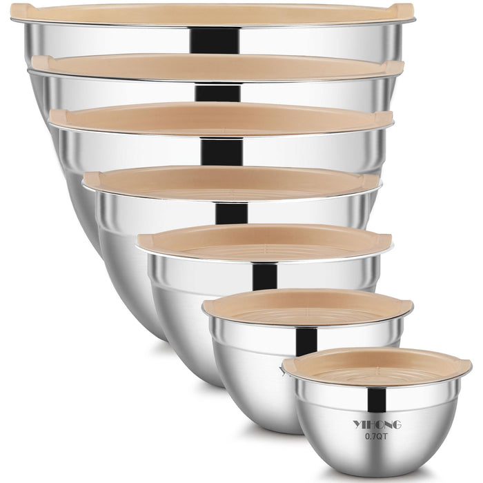 YIHONG 7 Piece Metal Mixing Bowls with Lids for Kitchen, Stainless Steel Set Ideal for Baking, Prepping, Cooking and Serving Food, Nesting Design for Space Saving Storage (Khaki)