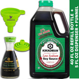 Kikkoman Traditionally Brewed Low Sodium Soy Sauce, One 5fl oz Dispenser and One 40 Ounce Refill Bottle of Soy Sauce, Bundled with Ondago Funnel for Simple Pouring