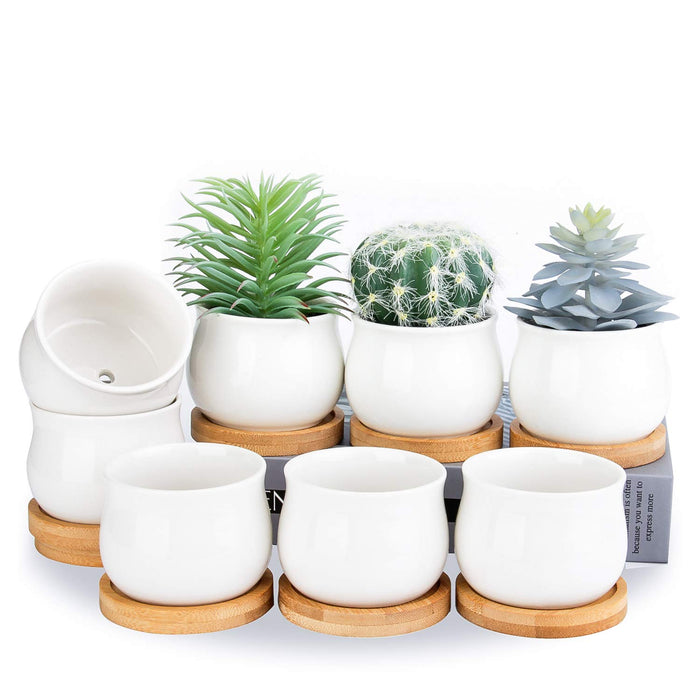 SHECIPIN Succulent Plant Pot, White Mini 2.6 inch Ceramic Flower Planter Pot with Bamboo Tray, Pack of 8 - Plants Not Included