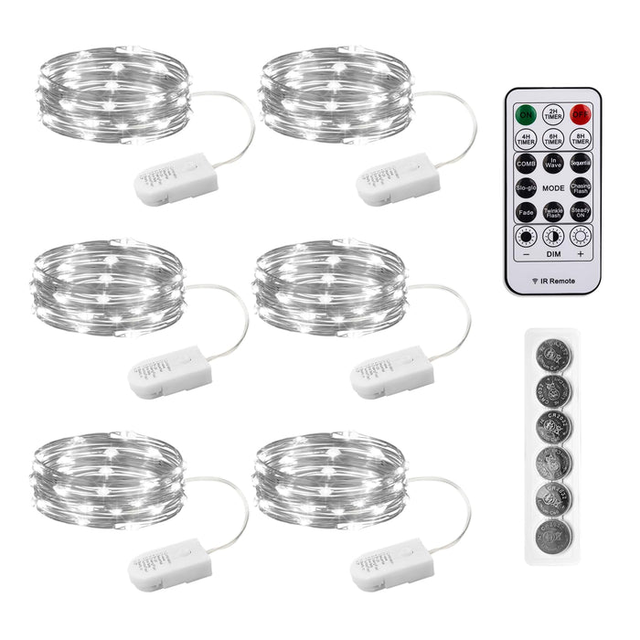 SINAMER 6PCS White Fairy Lights Battery Powered with Timer, 7ft 20LEDs Twinkle Mini Lights with Remote,Waterproof Small Silver Wire Firefly Starry for DIY Wedding Party Christmas