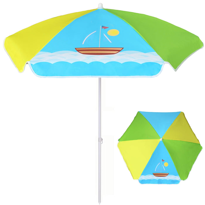 AMMSUN 5ft Seaside Umbrella for Sand Box Water Table - Kids Durable Umbrellas for children Picnic Beach Camping Garden Outdoor Play Shade (5ft Green Yellow Boat)