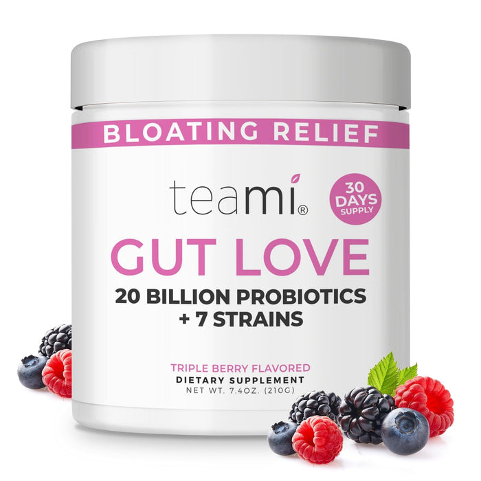 Teami Prebiotic and Probiotic Powder for Women - Promotes Digestion, Bloating Relief & Belly Balance - Gut Health Powder with 20 Billion Probiotics & 7 strains - Triple Berry Gut Love, 30 Servings