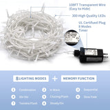 JMEXSUSS 300 LED Christmas Lights Clear Wire, 8 Modes White Christmas String Lights for Tree, Christmas Tree Lights Indoor Outdoor Plug in for Party Wedding Christmas Decorations