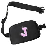 COSHAYSOO Black Belt Bag Small Waist Fanny Pack Crossbody Purse with Initial Letter Patch for Teen Girl Women, Nylon Cross Body Travel Chest Pouch Trendy Practical Christmas Gift (J)