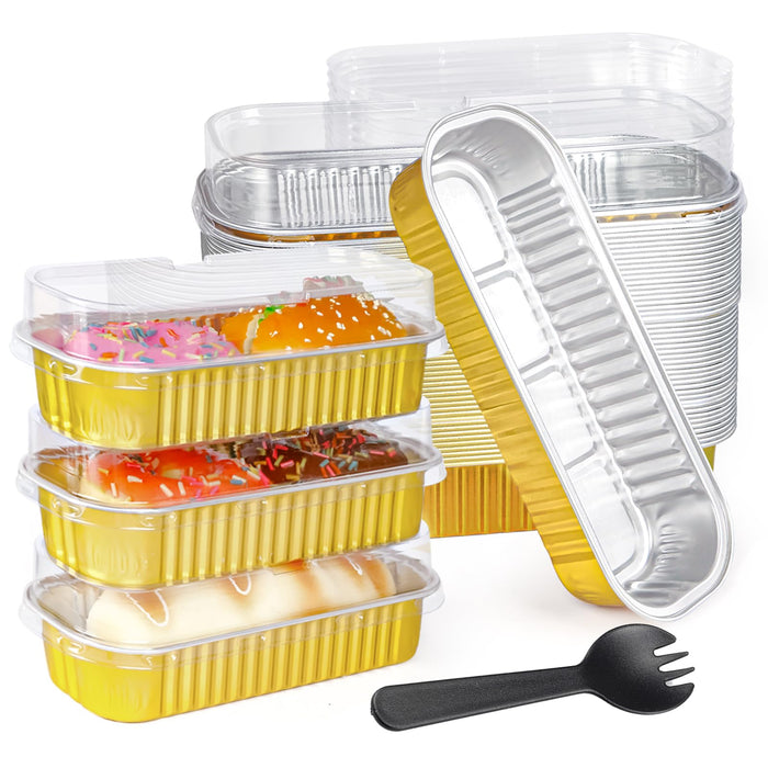 50PCS Rectangle Mini Loaf Pans With Lids,Mini Cake Pans with Lids,Disposable Ramekins Baking Cups Muffin Tins Cupcake Cups For Wedding Birthday Party,6.8oz（Gold）