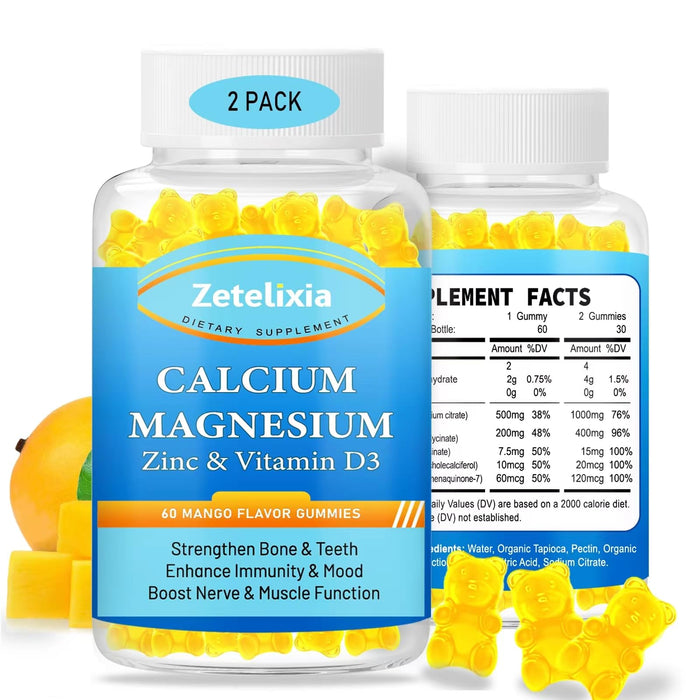 Calcium Magnesium Zinc Gummies for Adults & Kids,1000mg Sugar Free Calcium Citrate Supplement,High Absorption Magnesium Glycinate Gummies with Vitamin D3 & K2 - Bone & Muscle & Immune Health (2 Pack)