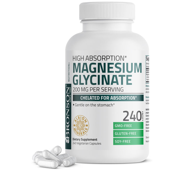 Bronson Magnesium Glycinate 200 MG per Serving Chelated for High Absorption, Gentle On Stomach, Non-GMO, 240 Vegetarian Capsules