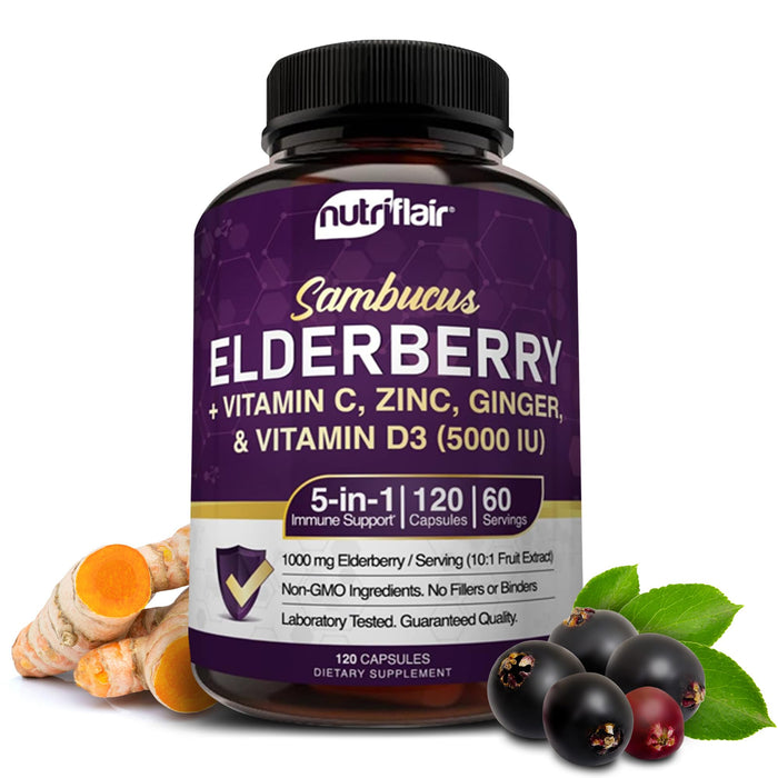 NutriFlair Sambucus Elderberry Supplement – Antioxidant Formula with Vitamin C, D3, Zinc & Ginger – 120 Veggie Capsules