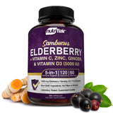 NutriFlair Sambucus Elderberry, 120 Veggie Capsules - 5 in 1 Immune Support and Antioxidant Supplement with Vitamin C, Vitamin D3 5000 IU, Zinc, Ginger, Black Dried Elderberry Pills - 2 Month Supply