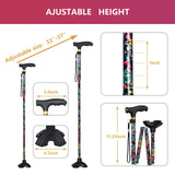 JUNRA Walking Cane for Women with LED Light, Folding Cane for Men/Seniors, Quad Cane with Stable Base, Lightweight and Adjustable Walking Stick for Women(Red Flowers)