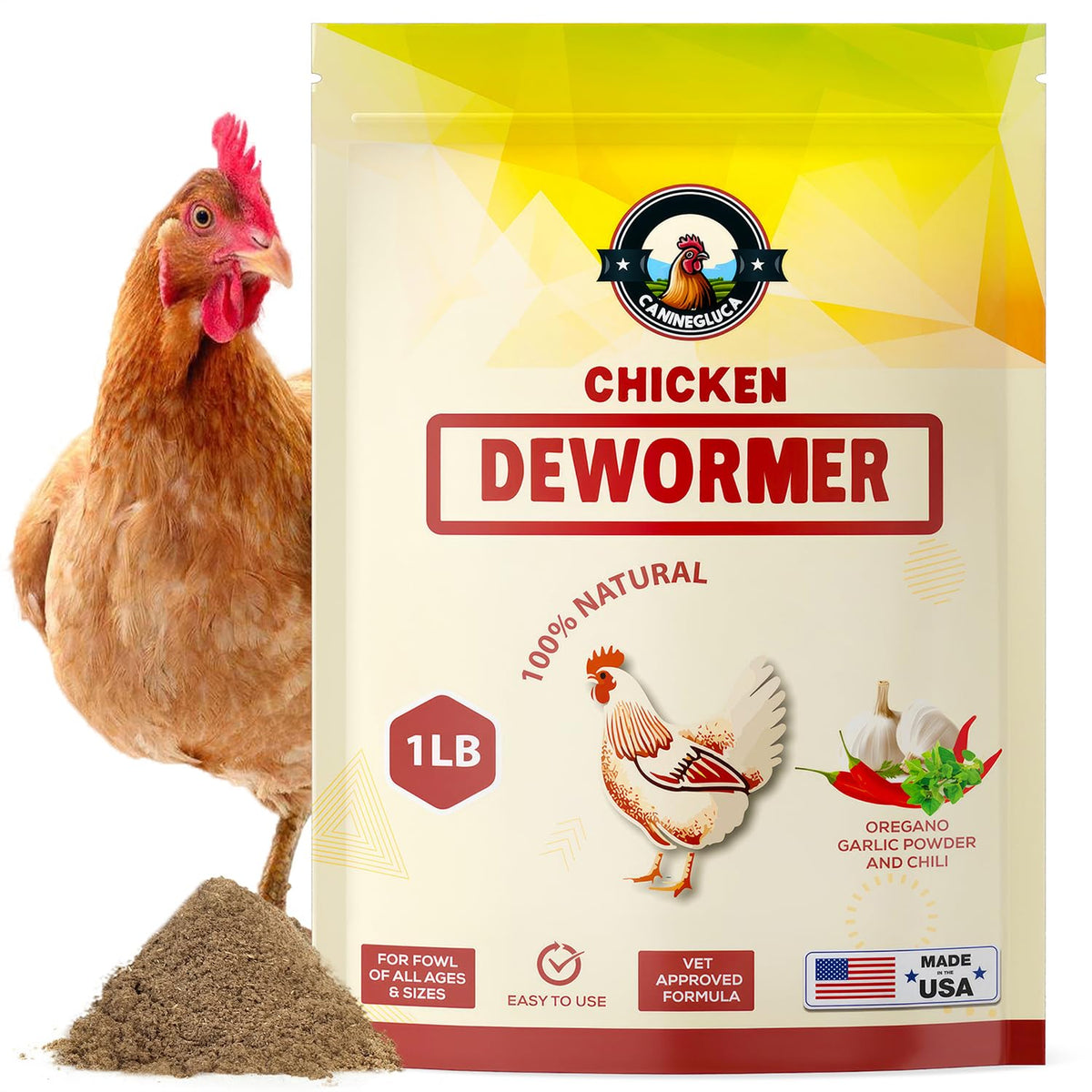 Natural Chicken Dewormer Powder, Chili Mix Formula, 1LB XL Pouch, Poul