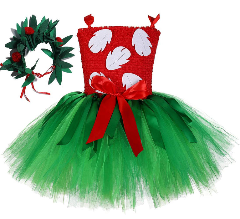 Tutu Dreams Halloween Costumes for Girls Hawaiian Red Green Tutu Dress Fern Leaf Headband Birthday Halloween Party Dress Up Clothes (Red, 5-6 Years)