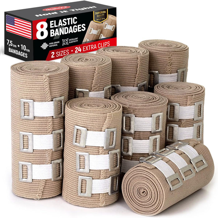 Premium Elastic Bandage Wrap – 8pk (4x3”, 4x4”) + 24 Extra Clips – Strong Compression Bandage Wrap - Wrist, Ankle, Foot, Knee Wrap