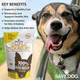 SAVE.DOG Omega Itch Relief for Dogs – Healthy Skin and Coat Supplement for Dogs with Vitamin E, Flax Oil and Salmon Oil for Dog Itch Relief - Dog Supplement with a Cause (70 Chews)