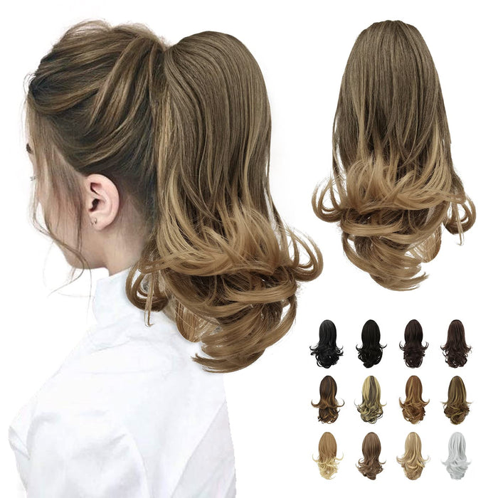 SOFEIYAN 13" Ponytail Extension Long Curly Ponytail Clip in Claw Hair Extension Natural Looking Synthetic Hairpiece for Women, Ash Brown to Blonde