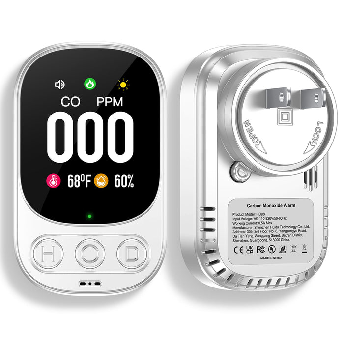 Lunarlipes Carbon Monoxide Detector Plug in Wall, 3-in-1 CO Level Monitor Alarm with Temp/Humidity Sensor, Portable Carbon Monoxide Detectors Easy to Read & Install, for Home/Hotel/RV (White-1Pack)