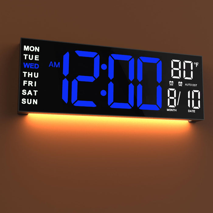 JALL 16" Large Digital Wall Clock Timer, Remote Controll, 2 Alarms, LED Display, 8 RGB Color, Auto DST, Temperature for Living Room, Bedroom, Desk, Mounted, Gift for Elderly (Blue White, 16 inches)