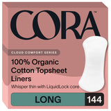 Cora Period Long Liners | 100% Organic Cotton Topsheet | Ultra Thin, Quick Absorbency | Hypoallergenic | Dermatologically Tested | Unscented, No Wings (144 Long Liners)