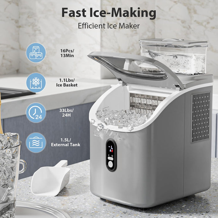Electactic Countertop Ice Cube Maker Machine with External Water Tank,16Pcs/5Mins,34Lbs/Day,2 Ways to Add Water,Portable Compact Small Ice Maker with Self-Cleaning,Perfect for Home/Kitchen/Camping/RV