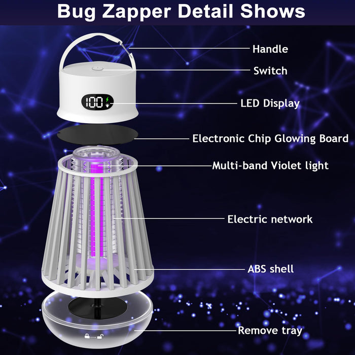 Bug Zapper Indoor Outdoor Mosquito Zapper, Rechargeable Fly Zapper Mosquito Killer Lamp with Storage Box, Waterproof 2000V Bug Light Trap Indoor for Home Kitchen Backyard Garden Camping Patio - White