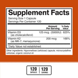 American Standard Supplements Vitamin D3 5000 IU (125mcg) Plus Vitamin K2 (MK7) 200mcg Per Capsule - Gluten Free, Non-GMO, 120 Capsules, 120 Servings, 120 Day Supply