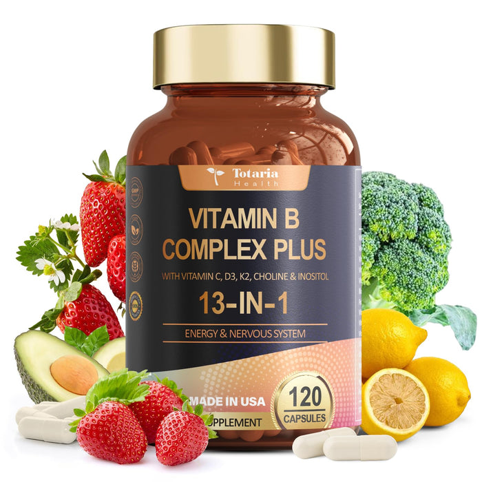 13-in-1 Vitamin B Complex Plus with Vitamin B1, B2, B3 (Niacinamide), B4, B5, B6, B7 (Biotin), B8 (Inositol), B9 (Folate), B12, C, D3, K2 - Energy, Nerve, Immune, Skin Support - 120 Vegan Capsules