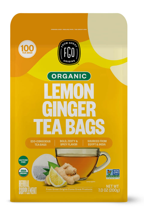 FGO Organic Lemon Ginger Tea, 100 Count, Eco-Conscious Tea Bags, Resealable Bag, Caffeine Free, Packaging May Vary (Pack of 1)