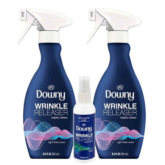 Downy Wrinkle Releaser Spray, Travel Size Spray + 16.9 Fl Oz Pack of 2, All In One Formula, Removes Wrinkles, Static and Odors, Light Fresh Scent