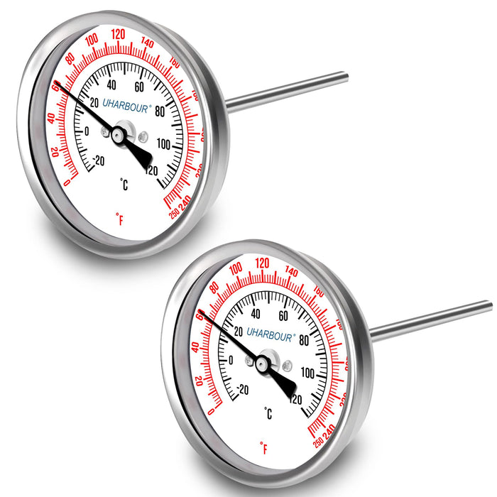 Uharbour 3" Dial Fully Stainless Steel Thermometer for Pot, Kettle, Brewing Bimetal,6" Stainless Steel Stem, 0-250 deg F/-20-120 deg C, Accuracy +/-1%, Adjustable, 1/2" NPT Back Mount(2 Pcs)