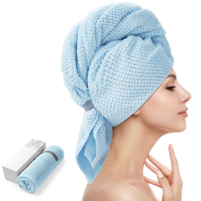 YFONG Large Microfiber Hair Towel Wrap for Women, Soft Hair Drying Towel with Elastic Band, Fast Drying Hair Turbans for Wet Curly Long Hair, 26.3" X 40" (Blue)