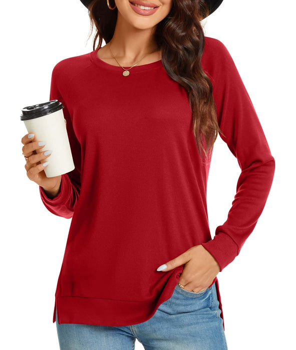 TAOHUADAO Women's 2024 Fall Casual Long Sleeve T-Shirt Side Split Tunic Tops for Leggings Loose Crewneck Sweater Christmas Medium, Red