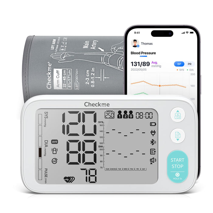 Checkme Blood Pressure Monitors for Home Use, Automatic Digital BP Machine with Bluetooth, Dual Display with 7 Days Trends, XL Size Cuff 8.7-17.7˝, 2 * 250 Storage, Dual Power Supply, Voice Broadcast