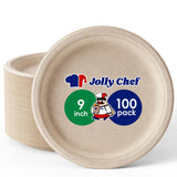 JOLLY CHEF Compostable Heavy Duty Plates 9 Inch [100 Pack] Eco-Friendly Disposable Natural Paper Plates Bagasse Biodegradable Plates Bulk for Party Dinner Sugarcane Fibers Round Plates(Brown)