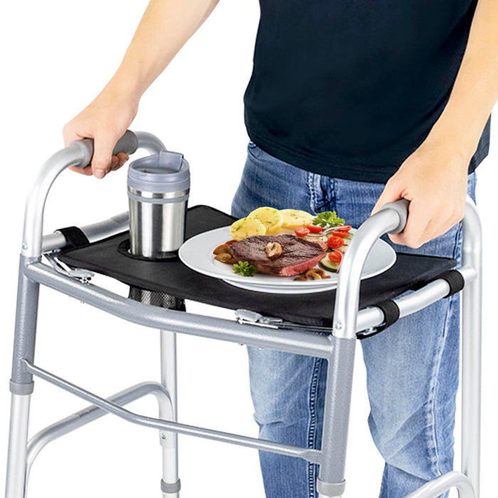 Vive Walker Tray for Folding Walker - (w/Cup Holder) - Adult Mobility Accessories - Fits Standard Walkers - Medical Table for Seniors Non Slip Mat for Food - Removable & Easy Assembly