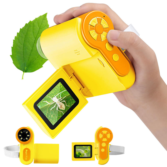 Barchrons Microscope for Kids, 1000X Pocket Handheld Microscope with 6 Adjustable LED Lights, 2'' LCD Screen Mini Microscope USB to PC for Kids 8-12, 32GB SD Card Including - Yellow