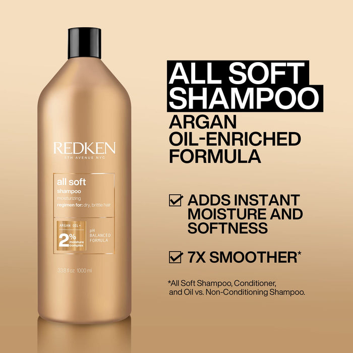 Redken All Soft Argan Oil Shampoo | For Dry / Brittle Hair | Provides Intense Softness and Shine | Travel Size | 33.8 Fl Oz