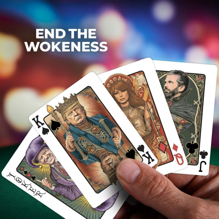 END THE WOKENESS: Trump Family Poker Playing Cards - Made in America - Premium Collectible Deck Featuring Trump, Melania, Trump Jr., and Biden Joker Cardstock for Poker Nights - 52 Cards + 2 Jokers