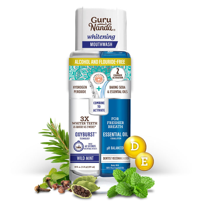 GuruNanda Teeth Whitening Dual Barrel Oxyburst Mouthwash - Alcohol & Fluoride Free, Hydrogen Peroxide to Promote Whiter Teeth - Wild Mint - 20 Fl Oz