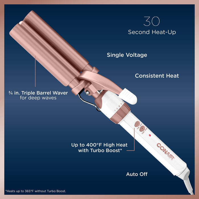 Conair Double Ceramic 3 Barrel Curling Iron, Hair Waver, Create Beachy Waves, Long-Lasting Natural Tight Waves for all Hair Lengths, White / Rose Gold