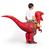 Spooktacular Creations Kids Halloween Inflatable Dinosaur Costume, LED Light Eyes Ride-on T-rex Costume, Riding a Red Raptor Digital Printing Air Blow Up Halloween Costumes, (S Red)