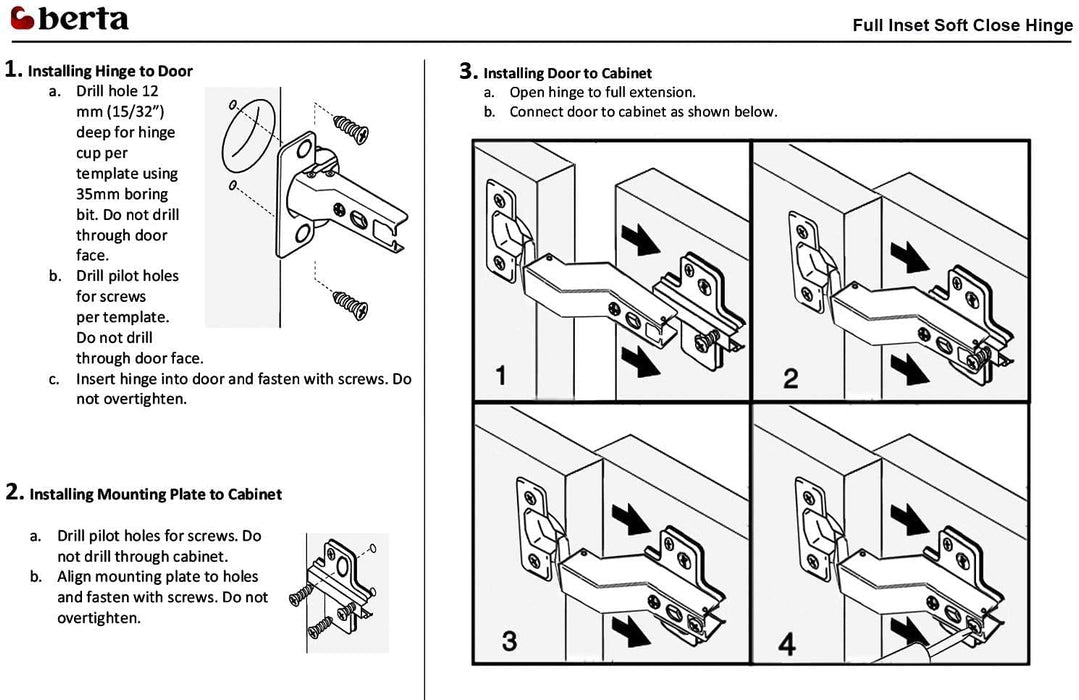 Berta 4-Pack Inset Frameless Soft Close Hinges – 110° 3D Adjustable, Clip-On Concealed European Hinges with Screws for Kitchen, Bathroom, Closet Cabinets – Ideal for Modern Cabinets