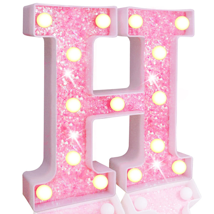 Pooqla LED Marquee Letter Lights, Light Up Pink Letters Glitter Alphabet Letter Sign Battery Powered for Night Light Birthday Party Wedding Girls Gifts Home Bar Christmas Decoration, Pink Letter H