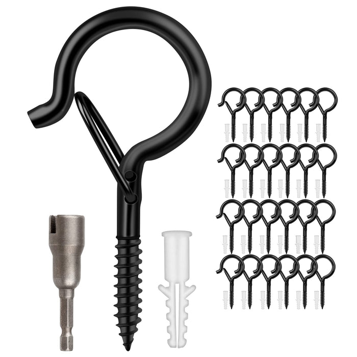 24 PCS Q-Hanger Hooks, Screw Hooks for Outdoor String Lights, Safety Buckle Design Cup Eye Hook for Hanging Christmas Lights, Plants, Wind Chimes, Mounted on Wall Ceiling, Include 1 Wing Nut Driver