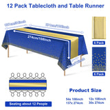 12Pack Disposable Plastic Tablecloths and Satin Table Runner Set Blue and Gold Dot Tablecloth Gold Satin Table Runner for Wedding Birthday Baby Shower Anniversary Christmas New Year Party Decorations