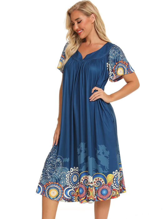 Bloggerlove Mandalas House Dresses for Women with Pockets Summer Mumu Duster Housecoat Women Elderly Robes Short Sleeve Patio Dress Nightgowns Cotton