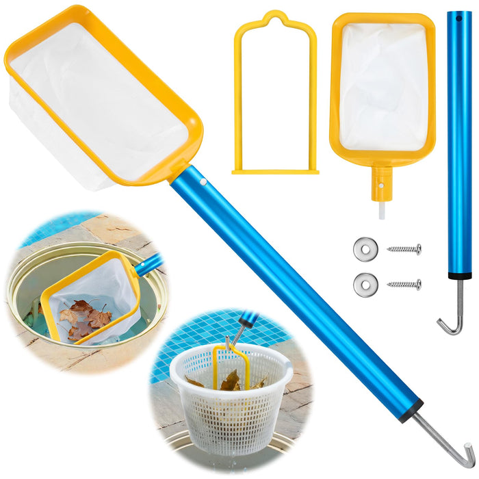 ComfyKit 22.5in 2-in-1 Pool Skimmer Tool with Stainless Steel Hook and Detachable Fine Mesh Net, Includes Skimmer Basket Handle, for Above Ground and Inground Pools