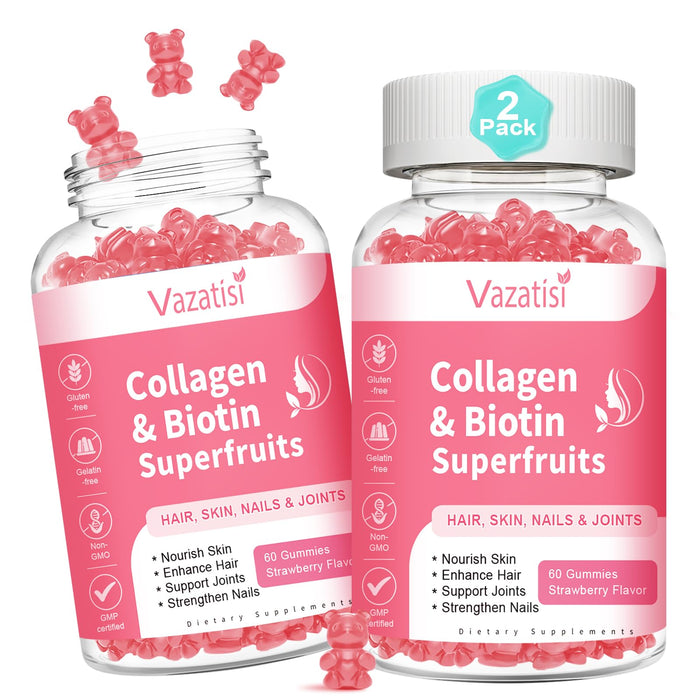 2 Pack Collagen Gummies with Biotin & Keratin 60 Natural Strawberry Flavored Gummies Supplement