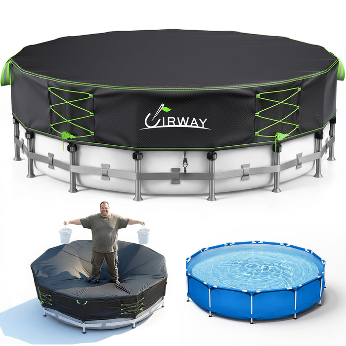 Uirway 600D Heavy duty 15ft Round Pool Covers For Above Ground Pools, Solar Pool Cover Windproof Ratchet Locking System & Reflective Drawstring, Weatherproof Hard Pool Covers UV Protection with Straps