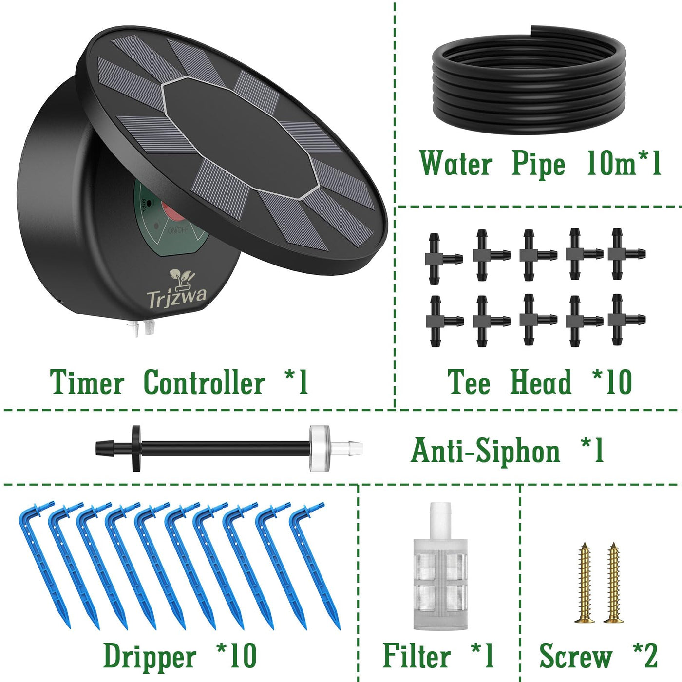 TRJZWA Solar Drip Irrigation Kit - Automatic Watering System With 2200mAh Battery, 15 Drippers, Water Alarm, DIY Garden Watering-831587