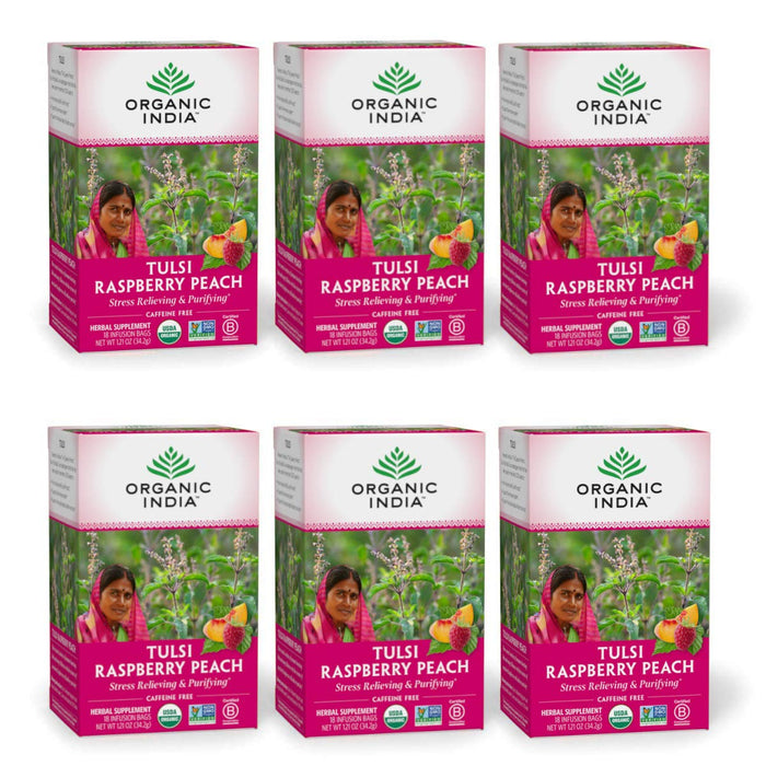 Organic India Tulsi Raspberry Peach Herbal Tea - Holy Basil, Stress Relieving & Purifying, Immune Support, Vegan, Kosher, USDA Certified Organic, Non-GMO, Caffeine-Free - 18 Infusion Bags, 6 Pack